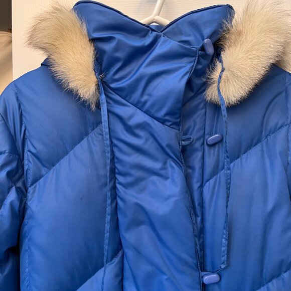 Vintage '80s Canadian Made Women's Full Length Down Coat w. hood, Blue, Size 10 - Picture 2 of 4